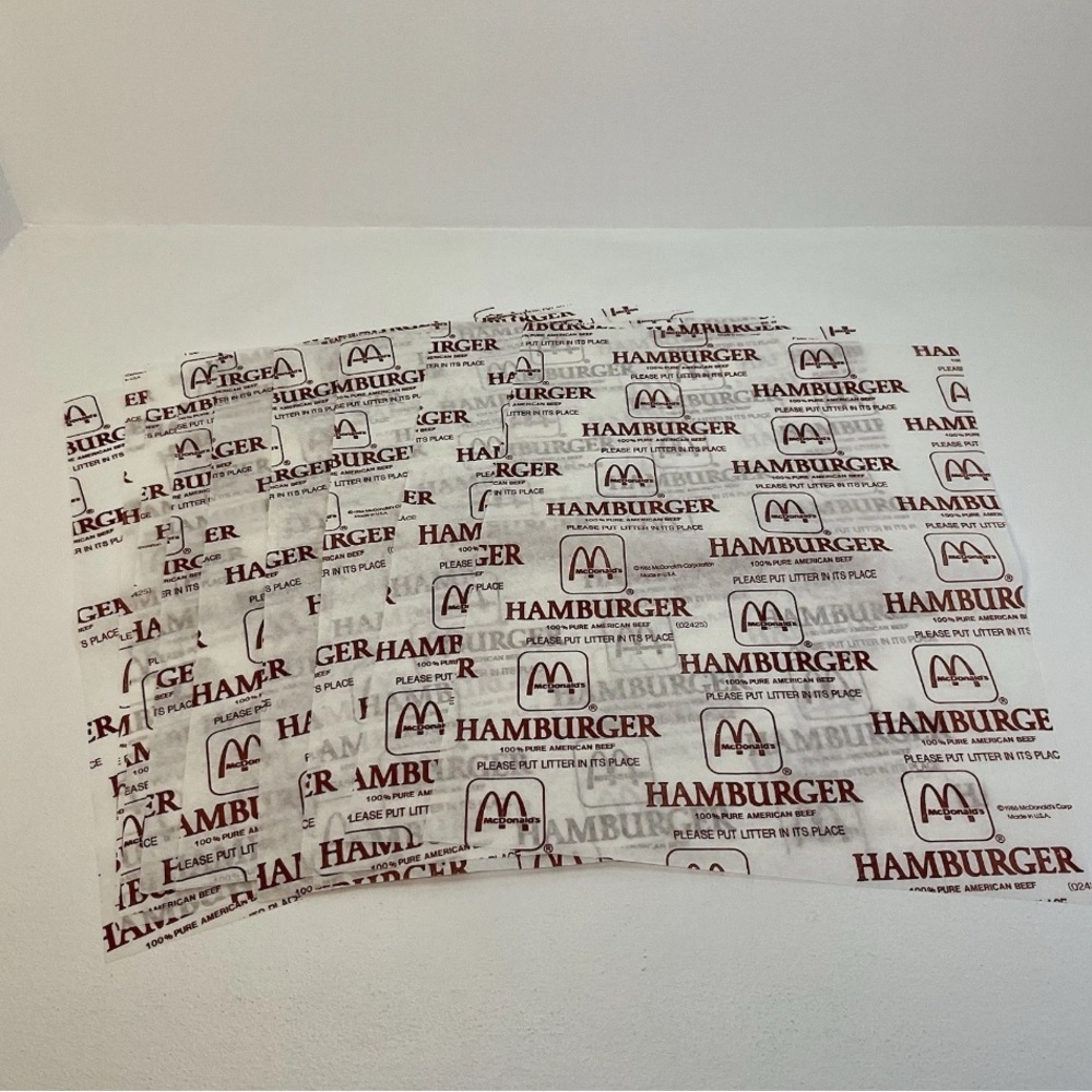 10 Vintage 1980's McDonald's Wax Paper Hamburger Wrappers  12" X 9"